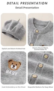 Detail view of baby grey knit cardigan with bear embroidery and wooden buttons