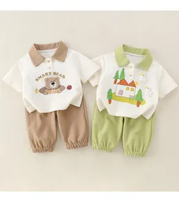 Ensembles polo bébé en coton avec motifs ours et pantalons colorés pour garçons