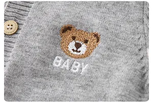 Macro detail of baby knit romper showing gray texture, bear embroidery and BABY text