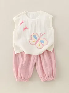 Ensemble de Vêtements en Gaze de Mousseline de Coton d'été pour Filles Haut Sans Manches Et Pantalon Long Tenues Broderie d'Avocat