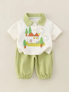 Ensemble d'été en Coton pour Bébé Garçon avec Polo et Pantalon Motif Dessin Animé Canard Ours Haut et Bas pour Enfants