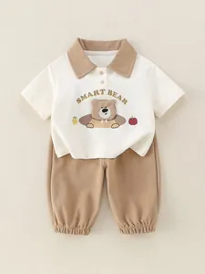 Ensemble d'été en coton pour bébé garçon avec broderie ours et pantalon marron