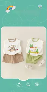 Detail of soft cotton baby sleeveless tank top and shorts set with cute bear print