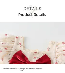 Détail de robe fleurie bébé avec nœud en velours rouge et encolure carrée classique