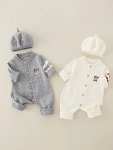 Baby Knitted Romper With Matching Hat Infant Autumn Winter Bear Embroidery Long Sleeve Jumpsuit For Newborn Boys Girls Clothing