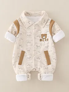 Short sleeve baby romper featuring cartoon bear prints and HSTT KIDS embroidery