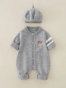 Gray knitted baby romper set with bear embroidery, beret hat and wooden buttons