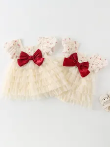 Robe de Princesse Florale pour Bébé Fille Grand Nœud Jupe à Étages en Maille Coton Barboteuse d'Été Sans Manches