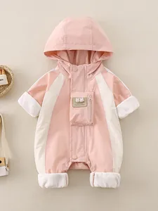 Baby Meisjes Winddicht Kruippakje Met Capuchon Fleece Gevoerd Roze Wit Patchwork Jumpsuit Met Konijnenborduurwerk Voor Kleuters