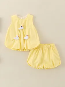 Toddler girl sleeveless summer set in lemon yellow with cute 3D white duck decorations