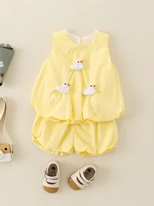 Girls summer yellow sleeveless top with duck patches and matching bubble shorts set