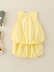 Stylish yellow two-piece summer set for girls featuring sleeveless bubble top and shorts