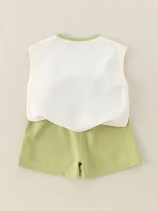 Minimalist toddler cotton sleeveless T-shirt and shorts two-piece set in cream and sage green