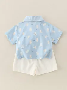 Infant boys blue cotton summer outfit set with cartoon bear print shirt and white shorts