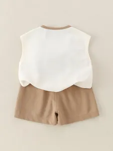 Minimalist cotton sleeveless T-shirt and shorts set for boys in cream and khaki