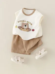 Baby boy summer cotton set with sleeveless bear graphic tee and brown shorts