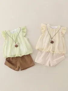 Baby Girls French Style Summer Clothes Set Flutter Sleeve Ruffle Top And Shorts Two-Piece Outfit With Cute Bear Pendant
