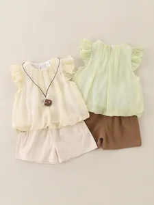 French style baby girl summer set featuring flutter sleeve tops and matching shorts