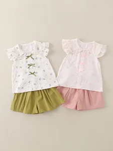 Kleinkind Mädchen Sommer Outfits Flatterärmel Top Und Shorts Süßes Schleifendruck Rüschenkragen Baumwollmischung Outfits