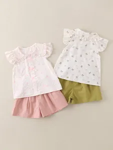 Mädchen Sommer-Set mit floralem Rüschentop und Schleifenshorts in Pink und Grün
