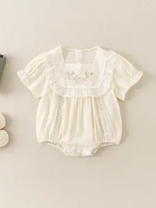 Baby Girl Floral Embroidery Cotton Romper With Ruffle Lace Square Collar Short Sleeve Bodysuit And Shoes Summer Clothing