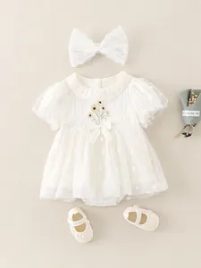 Baby Girl White Lace Tulle Romper Dress Set With Sunflower Embroidery Matching Headband And Shoes Princess Infant Bodysuit