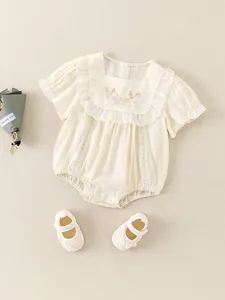 Sweet floral embroidery cotton baby romper set with matching lace trim soft shoes
