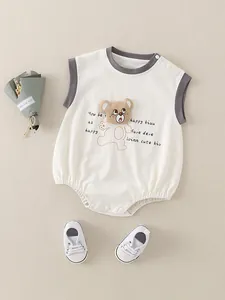 Baby boy sleeveless cotton romper with plush bear design and matching infant sneakers