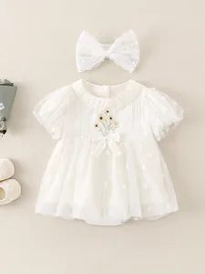 Baby girl cream cotton romper dress with daisy embroidery and lace headband set
