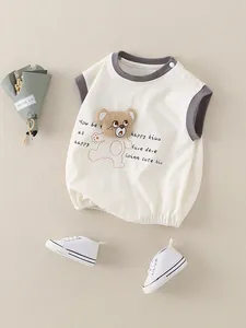 Baby boy sleeveless cotton romper set with bear print and canvas shoes for summer