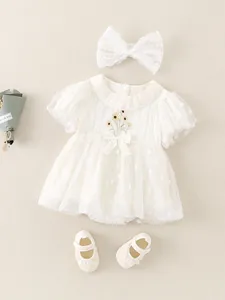 Baby girl white lace romper dress set with matching headband and soft Mary Jane shoes
