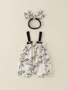 Baby Girls Summer Cotton Romper Set Floral Print Camisole Bodysuit With Bow Headband Sleeveless Thin A-Class Jumpsuit
