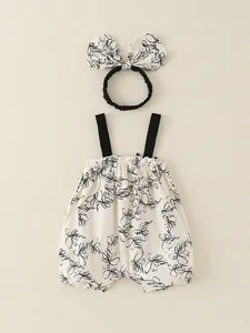 Baby girl floral cotton romper with bow headband, summer sleeveless bodysuit outfit