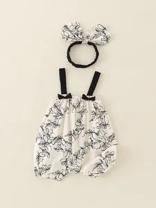 Cute baby girl floral sleeveless romper set with matching bow headband for summer wear