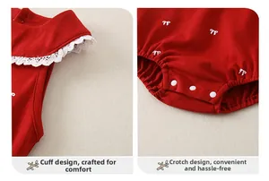 Détail du body rouge pour bébé fille montrant le col en dentelle et les boutons pressions