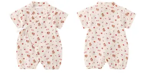 Front and back view of ultra-thin cotton baby romper with cute bear and heart patterns