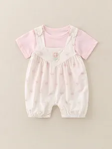 Baby Girl Summer Short Sleeve Round Neck Top And Floral Print Suspender Romper Outfits Soft Cotton Infant Clothes