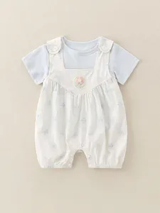 Floral baby romper set with blue t-shirt and cream suspender overalls for newborns