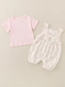 Newborn baby summer two-piece outfit with pink t-shirt and floral suspender romper