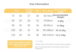Tableau des tailles pour pyjama bébé en gaze de coton avec guide de longueur et de taille