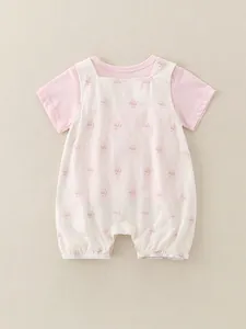 Newborn girls summer floral romper set with pink tee and breathable cotton overalls