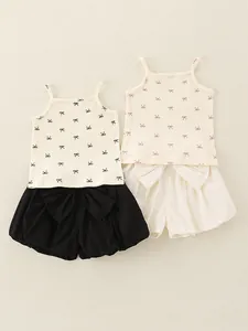 Baby Meisjes Zomer Kledingset Strik Print Geribbelde Camisole Top En Bloomers Shorts Peuter Zoete Katoenen Outfit