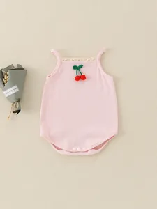 Säugling Baby Mädchen Sommer Einteiler Gerippte Baumwolle Rosa Kirsche 3D Dekoration Spitzenbesatz Ärmellos Body