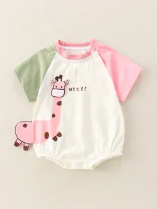 Newborn Baby Cotton Summer Romper Short Sleeve Color Block Giraffe Cartoon Infant Bodysuit Jumpsuit One-Piece Clothes