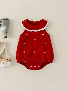 Barboteuse en Coton Sans Manches pour Bébé Fille Col Claudine en Dentelle Imprimé Noeud Rouge Combinaison Été Body Enfant