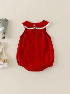 Body rouge sans manches pour bébé fille avec col Claudine en dentelle blanche