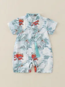 Chinese Style Baby Romper Short Sleeve Lotus Print Jumpsuit With Tassel Frog Button Soft Breathable Summer Bodysuit