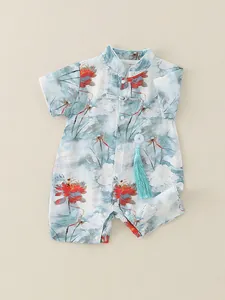 New Chinese style baby summer romper with lotus print and tassel detail on light fabric