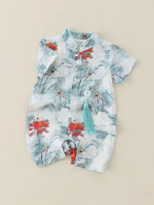 New Chinese-style baby summer romper with lotus print and tassel in light green color