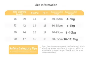 Size chart for baby romper with detailed measurements of length, chest, and weight guide
